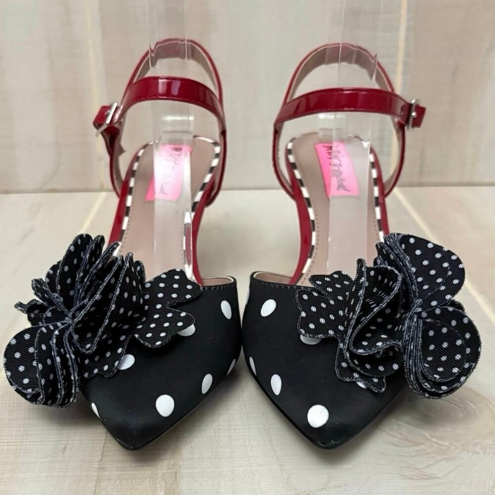 Betsey Johnson Neena Polka Dot Floral Ankle Strap Heels Sz 6.5 Pinup Rockabilly - Picture 4 of 11